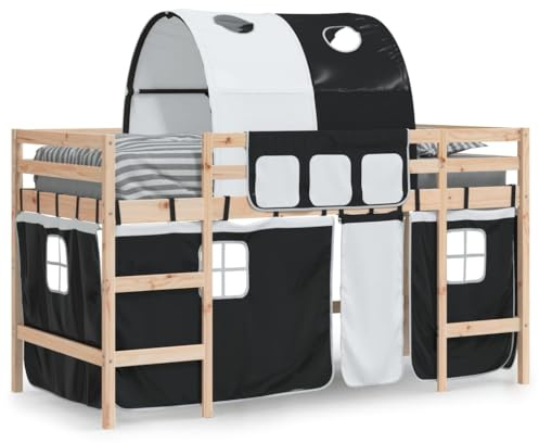 vidaXL Kinderhochbett, Hochbett mit Tunnel Vorhängen, Spielbett Bett für Kinder ab 6 Jahren, Kinderbett Etagenbett Stockbett, Weiß Schwarz 90x190cm Kiefernholz