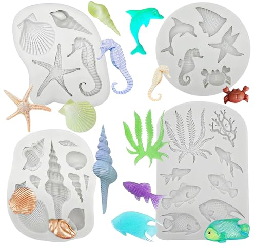 4pcs 3D Ozean Tier Silikon Fondant Formen - DIY Silikonform für Fisch, Backen, Schokolade, Marzipan, Kuchen, Gelee, Muffin, Süßigkeiten