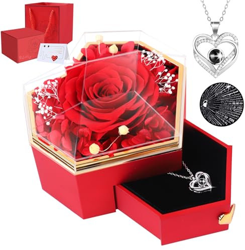 Firestyle Muttertagsgeschenke für Mama Konservierte rote echte Rose mit Ich Liebe Sie Halskette in 100 Sprachen-Ewige Geschenke für Ihre Frauen Frau Freundin auf Weihnachten Valentinstag Geburtstag