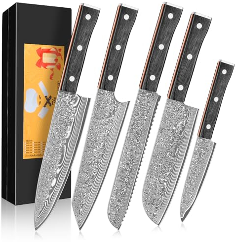KEENZO 5er Damastmesser Set, Kochmesser Küchenmesser aus 67 Lagen Damaststahl Ultra Scharfes Messerset mit Chefmesser Brotmesser Santokumesser Allzweckmesser für Haus und Küche, Geschenkbox