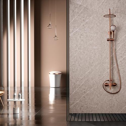 IMEX - Columna Ducha Oro Rosa Cepillado con Grifo | Kit de Ducha Monomando con Alcachofa y Rociador Antical | Griferia en Latón y Acero Inox S.304 con Barra Extensible | Serie Roma
