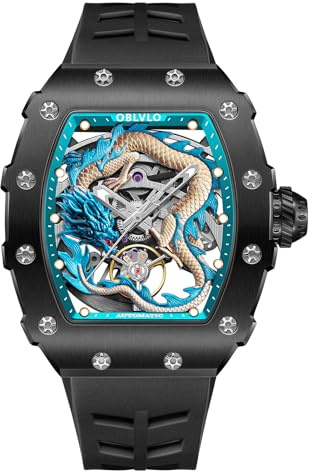 OBLVLO Luxuriöse Herren-Armbanduhr mit schwarzem PVD-Tonneau-Drachen-Design, Skelett, wasserdichtes Silikonband, Sportuhr, XM-Dragon