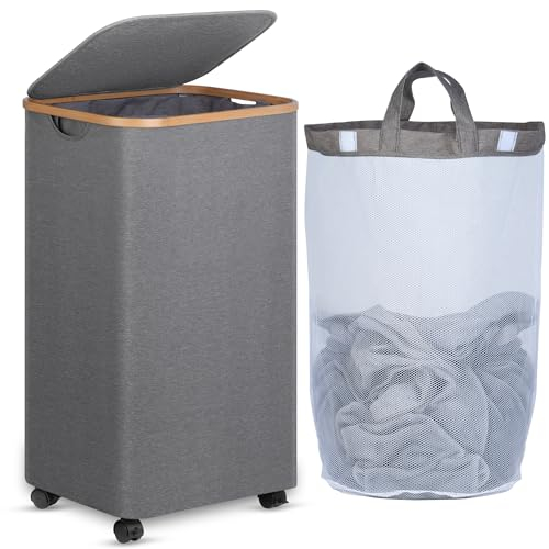 efluky Laundry Basket on Wheels, 100L Laundry Bins with Bamboo Handles and Removable Bag, Collapsible Laundry Basket with Lid for Bedroom, Bathroom, Laundry Room