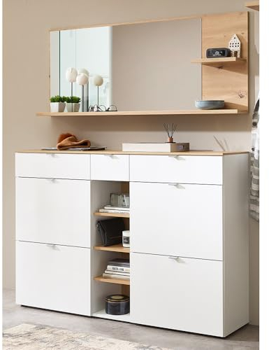 Lomadox Garderoben Set Spiegel mit Ablagen und Schuhschrank weiß matt mit Eiche