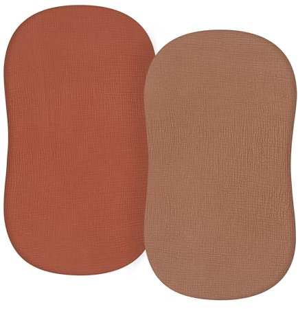 TILLYOU Musselin-Bettlaken für Stubenwagen für Mädchen und Jungen, 100 % Baumwolle, passend für ovale, rechteckige und quadratische Matratzen, 2er-Pack, Karamell und Braun