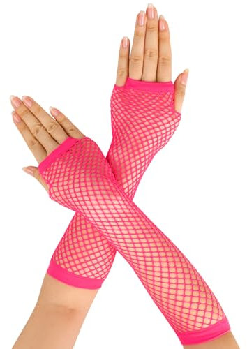 BLMHTWO Guantes largos de red – Guantes elásticos de nailon retro vintage de los años 80, Rosa Roja, talla única