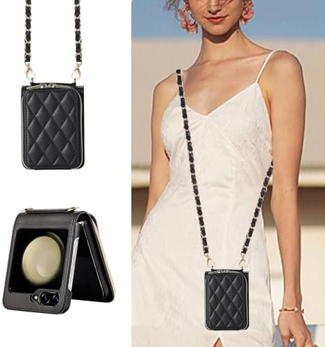 GUVAGI für Samsung Galaxy Z Flip 5 Hülle,Handyhülle Z Flip 5 Phone Case mit Band Kette, Leder Klapphülle Handykette Flip Schutzhülle Magnet Aesthetic Handy Hülle Tasche Umhängen (Schwarz)