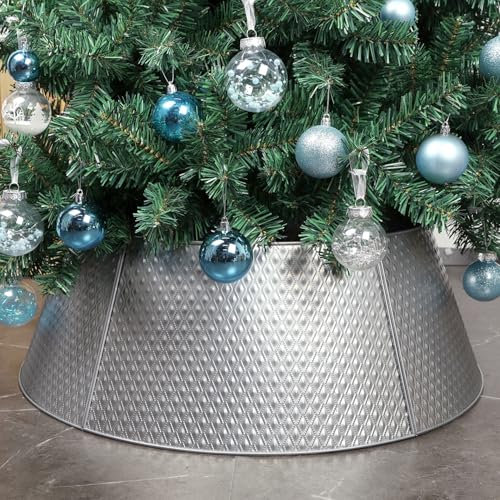 FORUP Metall Weihnachtsbaum Kragen - 70,1 cm Baumring, Rock Basis Ständer Schutz vor Haustieren, Baumbasis Abdeckung für Weihnachtsdekorationen (Silber)