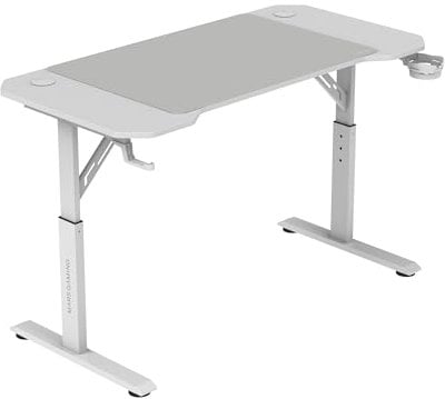 Mars Gaming MGD-ERGO120, Mesa Altura Ajustable 3 Posiciones, Superficie Ergonómica, Estructura Metálica, Alfombrilla XXL, Soporte Auriculares y Bebida, Gestión Cableado, Mesa Gaming 120x60cm, Blanco