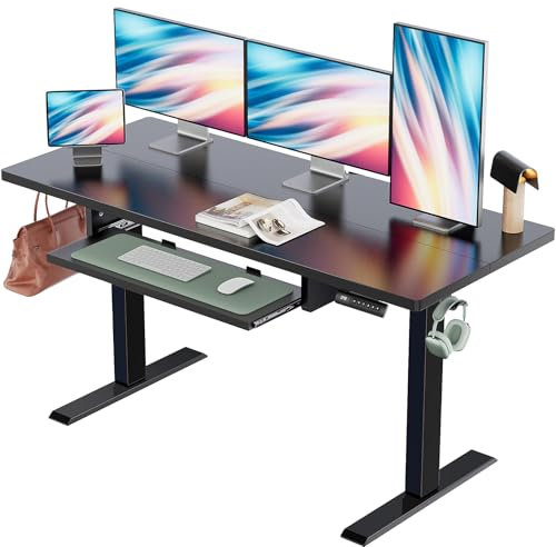 Marsail Electric Standing Desk with Ergonomic Keyboard Tray, Adjustable Desk with 27.5” to 46.7” Height Range, 4 Memory Presets, Smooth and Quiet Lifting, 55 x 24 inch Adjustable Height,TZESD15Black