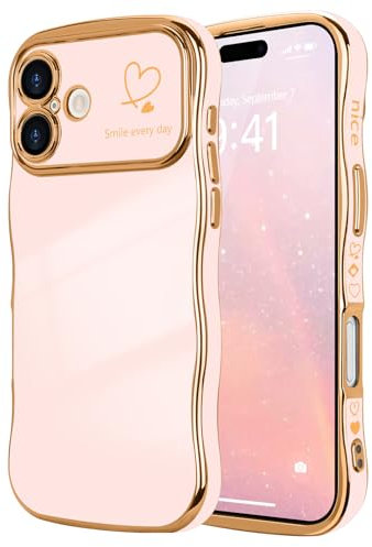 LCHULLE Compatibile con iPhone 16 Cover cuore d'amore Custodia con forma ondulata e riccia ragazze Protezione della fotocamera Cover protettiva galvanizzata Custodia per iPhone 16 Rosa chiaro