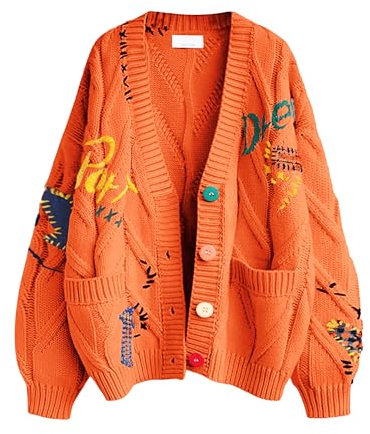 Women's Cable Knit Long Sleeve Open Front Cardigan Sheep V-Neck Button Down Embroidery Wool Blend Sweater Coat Outwear, Orange, M