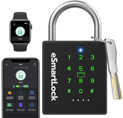 Cadenas à combinaison avec code numérique et clé NFC, RFID, eLinkSmart résistant aux intempéries, pour casier, portail, clôture, 1 000 utilisateurs de l'application, téléphones portables ou iOS Watch