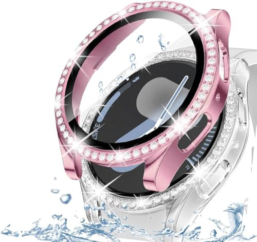 DEALELE [Lot de 2] Boîtier en verre trempé compatible avec Samsung Galaxy Watch 7 44 mm, coque de protection diamant à paillettes avec protection d'écran en verre trempé (44 mm, rose + transparent)