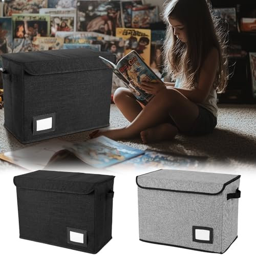 2pcs Comic Book Storage 40x20x30cm Comic Book Bin with Lid Foldable Comic Short Box olds 150-180 Comics Moistureproof Comic Book Organizer with Handle for Wardrobe Closet Shelf Office(black+grey)