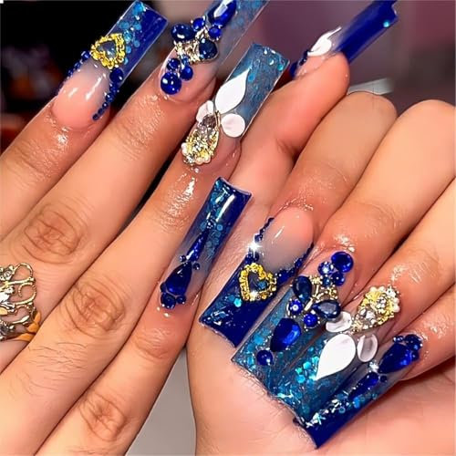 GlamRays Königlich Blau Press on Nails Lange Länge Quadratische Form Acryl Falsche Nägel Mit Rhinestones Designs Falsche Nägel 24 Stück