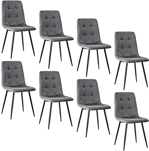 JIJIAN 8er Set Esszimmerstühle, Polsterstuhl Stühle mit Samtstoff und Schwarzen Metallbeinen, Küchenstühle mit 120 kg Tragkraft, Dunkelgrau