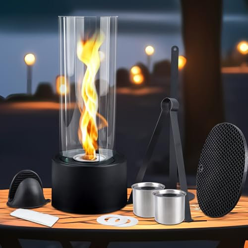 Tischkamin,Bio Ethanol Tischkamin mit 2 verstellbaren Flammenringen 40x16x16cm,Tischfeuer für Indoor & Outdoor mit 2 Brennkammern bis 6H Brenndauer,Tischfeuer Set für Party,Abendessen,Freizeit,Balkon