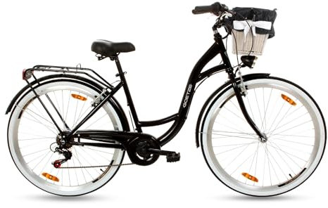 Goetze Mood 28 Zoll Damen Citybike, 18 Zoll Tiefeinsteiger Stahlrahmen, 7-Gang Kettenschaltung, doppelte V-Bremsen, LED-Beleuchtung, Rattankorb, Komfortsattel, mit Seitenständer & Klingel