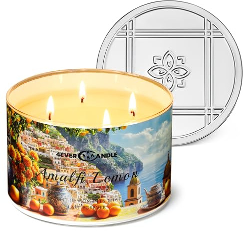 4EVER CANDLE Candela profumata 4-Wick - Candela di miscela di cera di soia da 18 oz oltre 50 ore di fragranza duratura, regali di arredamento e riscaldamento della casa, limone amalfitano
