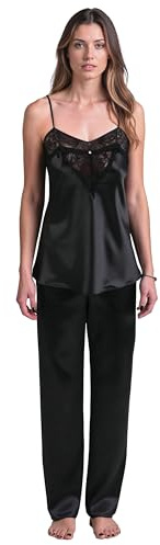 VIVISENCE Schlafanzug Set Satin Verstellbare Träger Bequem Ideal Für Nachtwäsche 2035, Schwarz,S