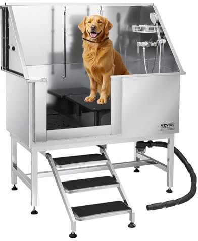 VEVOR Baignoire de Chien Acier Inoxydable, Baignoire de Toilettage pour Animaux de Compagnie 127 cm Station de Lavage Chat, avec Escalier, Panneau Filtre à Eau, Robinet, Pommeau Douche, Porte Droite