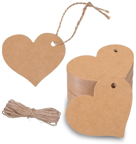 Herz-Geschenkanhänger mit Schnur, 100 Stück Kraftpapier Herzförmige Geschenkanhänger 6,5x5,5cm Blanko Anhänger Partygeschenke Anhänger Geschenke Verpackungsetikett für Geburtstag Valentinstag Hochzeit