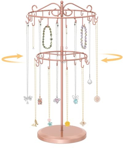 EsLuker.ly Necklace Holder Organizer Rotating Display Stand, 2 Tier Adjustable Height Necklaces Hanger Tree with 42 Hooks, Metal Tall Jewelry Bracelet Storage Rack for Women Vendors Sell, Rose Gold