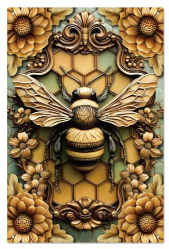 WADORN Vintage 3D Visuelle Wirkung Biene Blumen Metall Zinn Zeichen, 20x30cm 2D Flach Mit 3D Visuellem Effekt Biene Retro Wandkunstschild Lustiges Tier Metallplakat Plakette Für Garten Bar Café Büro