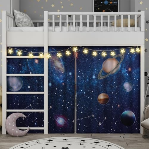 Frienda Weihnachten Galaxy Loft Bett Zelt Vorhang Set 75x36x41.5 Zoll Weltraum Etagenbett Zelt Vorhang Große Raum Verdunkelung Dekoration für Wohnheim Sichtschutz Phantasie Kreation Schlafzimmer