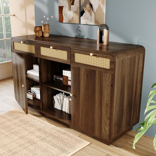 HESHU Kommode Sideboard 120cm Nussbaum, Schubladenschrank mit Rattan & Goldgriffen, 3 Schubladen + 2 Schränke + offenes Regal, Höhenverstellbare Einlegeböden, H85/B120/T40 cm