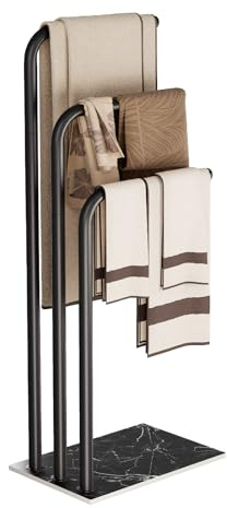 Yawinhe 3 Tier Free Standing Towel Rack, Hand Towel Holder Stand,Black | Metal Towel Rail with Bottom Shelf;Heavy Duty Towel Drying Stand with Storage Shelve,for Bathroom, Bedroom