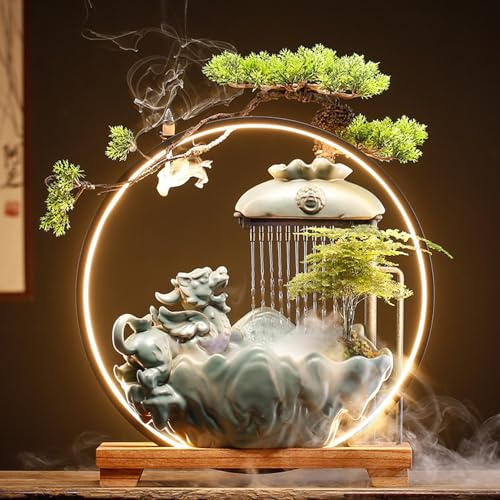 Fontaine d'intérieur cascade avec brumisateur, fontaine de table, statuette Pixiu chinoise en céramique avec anneau lumineux LED et porte-encens à reflux, 40 cm