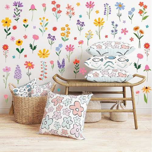 Wandtattoo Kinderzimmer 90 Stück Blumen Wandsticker, Flower Wandaufkleber Selbstklebend, Wasserfest Floral Wanddeko für Kinderzimmer Mädchenzimmer Babyzimmer Schlafzimmer (Blumen)