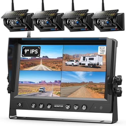 4 Rückfahrkamera Kabellos Solar Magnetische Rückfahrkamera Funk: 9 1080P HD Monitor, 9600mAh Akku, 1 Min Installation, IP69K Wasserdicht, für Anhänger, Wohnmobile und LKWs