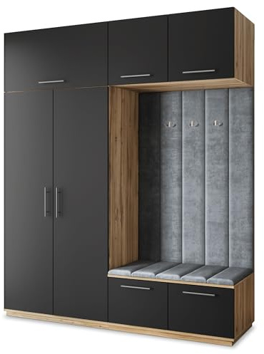 Masseno Flugarderoben Set Rema, Kleiderschrank-Set mit Sitzbank, Garderobenschrank Flur mit 5 Regalböden, Eiche Wotan/Schwarz
