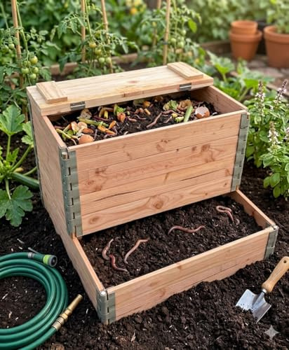 Composteur en Bois 300L en Douglas Naturel avec Couvercle