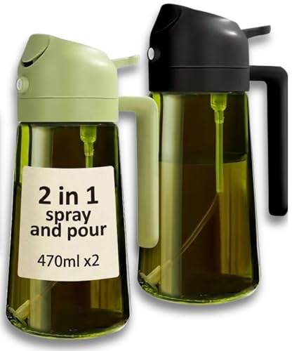 Electoys Glass Oil Spray Bottle - 470ml Olive Oil Sprayer Mister Pouring for Cooking Air Fryer - Vinegar Dispenser Kitchen Gadget for Salad BBQ Baking Roasting and Food Prep - Pack of 2 Bottles