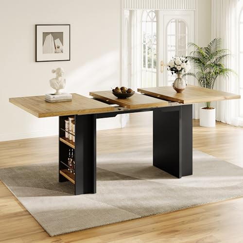 Yihomfy Table à Manger Extensible (120-160 x 80 cm) avec Étagères - Téléscopique Table Extensible avec Rangement, en Bois, pour Cuisine et Salon