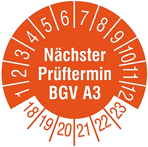 TE-Office 500 Stück Prüfaufkleber Prüfplaketten 18-23 Nächster Prüftermin BGV A3 orange Rolle 1-bahnig 30 mm Durchmesser laminiert abriebfest