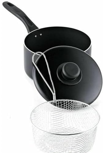 TRENDSETTERS Chip Pan with Basket - Non Stick Deep Fryer Chip Pan - Large Durable Pan with Plastic Handles and Lid for Kitchen, Cooking, Potato Chips (Chip Pan Balck (20cm))