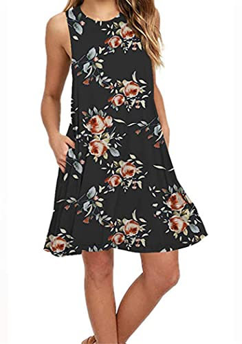 OMZIN Damen Trägershirt Basic Tank Tops mit Taschen Einfärbig Sommerkleid Mini Strandkleid Schwarz M