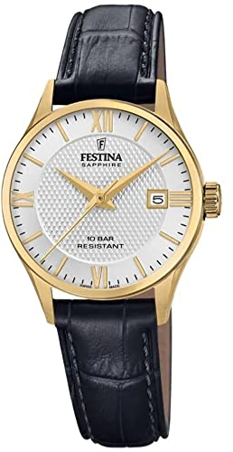 Festina Uhr Für Damen F20011/1 Swiss Made Gold Edelstahl Case SchwarzLeder Band