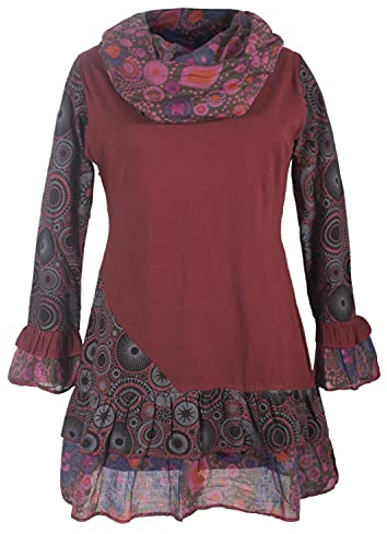 Vishes - Alternative Bekleidung - Damen Langarm Mandala Rüschen-Kleid mit Kapuzenschal dunkelrot 44