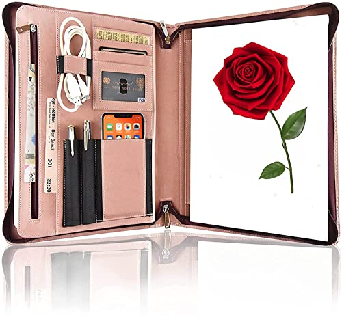 FREI NAME GRAVUR, Personalisierte Konferenzmappe A4, Business Folio Mappe, Aktenmappe Veganes Leder, A4 Organizer Ordner Pink, Schreibmappe mit Reissverschluss, Geschenk für Damen, Customized | Pink