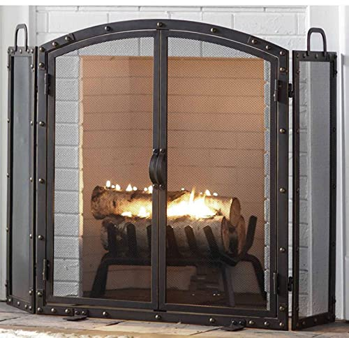 MMQGQ store Funkenschutz Antike 3-Panels-Stahl-Eisen-mesh-Kamin-Bildschirm Mit Scrollwork-klapptüren Griffe, Rustikales Metall Abgenutzter Finish-Feuer-funken-Guard-Gitter, 46,32 × 31.44inch