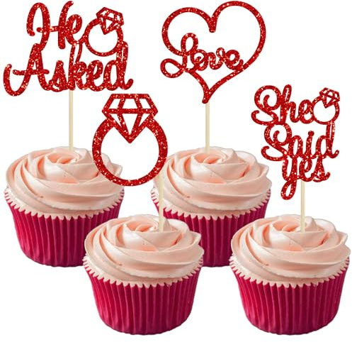 Gyufise 24 Stück rote Glitzer Verlobung Cupcake Topper He Asked She Said Yes Diamant Ring Herz Cupcake Picks für Hochzeit Brautdusche Party Kuchen Dekorationen