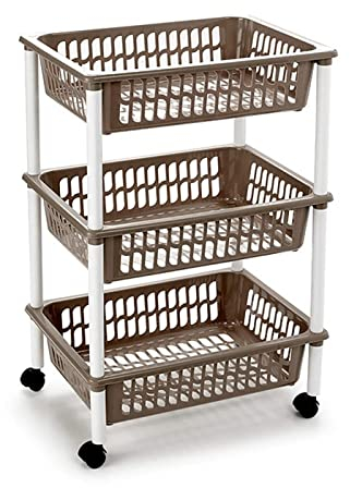 AC - Carrito verdulero Modelo PLFT de plástico con 3 Niveles y Ruedas, cestas apilables portaobjetos, Frutas, Verduras, Cocina, baño (Marrón Topo - 61 x 40 x 30 cm)