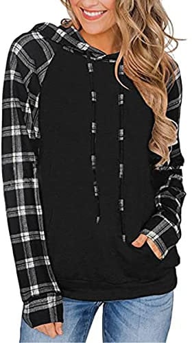 ABYOVRT Damen Kapuzenpullover Langarm Pullover Pulli Freizeit Sport Hoodie Kapuzenpulli Sweatshirt Plaid Sweater Top Oberteie,Plaid Schwarz,L