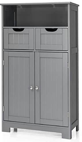 COSTWAY Bathroom Floor Cabinet, Wooden Free Standing Storage Cupboard with Adjustable Shelf, 2 Drawers and Doors, Home Living Room Hallway Organiser Unit (Grey)